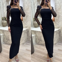 Elegant Semi-through Gauze Spliced Long Sleeve Square Neck Bodycon Maxi Dress