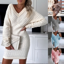 Street Fashion Solid Color V-neck Batwing Long Sleeve Hollowout Knitted Sweater Dress