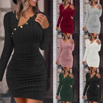 Sexy Buttoned Slant-neck Long Sleeve Ribbed Bodycon Dress