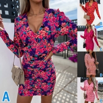 Fashion Floral Printed V-neck Puff Long Sleeve Ruched Bodycon Dress