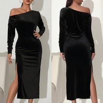 Sexy One-shoulder Long Sleeve Slit Bodycon Party Dress