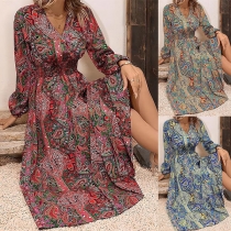 Bohemia Style Floral Printed V-neck Long Sleeve Maxi Dress