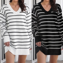 Fashion Contrast Color Stripe V-neck Long Sleeve Knitted Sweater Dress