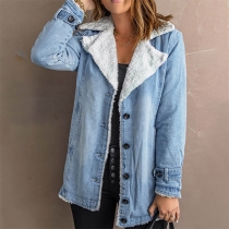 Casual Old-washed Notch Lapel Long Sleeve Plush Lined Denim Jacket