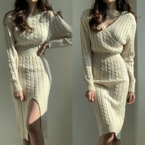 Sexy Solid Color Long Sleeve Slit Sweater Dress（Reversible-wear）
