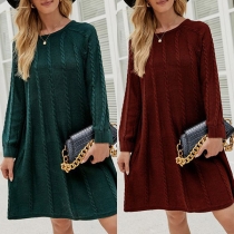 Casual Solid Color Round Neck Long Sleeve Cable Knitted Sweater Dress
