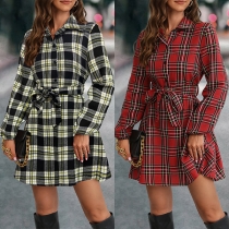 Vintage Contrast Color Plaid Buttoned Stand Collar Long Sleeve Self-tie Shirt Dress