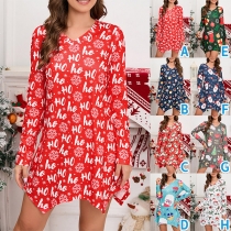 Fashion Printed V-neck Long Sleeve Printed Irregular Hemline Christmas Dress