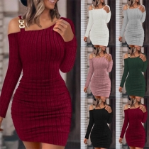Sexy Solid Color Slant Shoulder Buckle Long Sleeve Ribbed Bodycon Dress