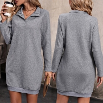 Casual Solid Color Buttoned Collar Long Sleeve Texture Fabric Sweatshirt Dress