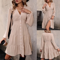 Elegant V-neck Long Sleeve Cinch Waist Buttoned Tiered Dress