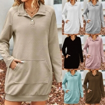 Casual Button Stand Collar Long Sleeve Kangaroo Pocket Sweatshirt Dress