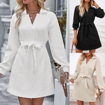 Casual Solid Color Stand Collar V-neck Long Sleeve Self-tie Mini Dress