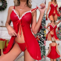 Sexy Ruffle Spliced Slit Nightwear Lingerie Set for Christmas