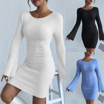 Sexy Solid Color Round Neck Long Sleeve Backless Ribbed Dress