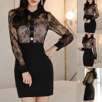 Sexy Lace Spliced Stand Collar Long Sleeve Bodycon Dress