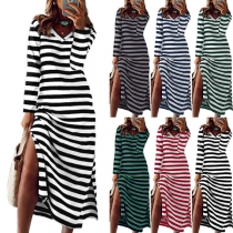 Sexy Contrast Color Stripe Printed V-neck Long Sleeve Midi Dress