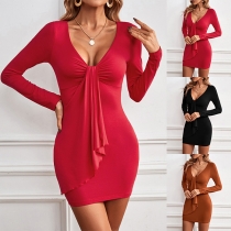 Fashion Solid Color Ruched V-neck Long Sleeve Ruffled Bodycon Dress