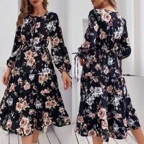 Fashion Floral Printed Round Neck Long Sleeve Midi Dress
