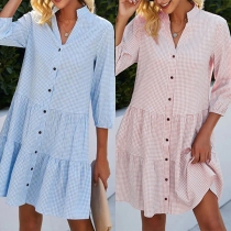 Casual Stand Collar Elbow Sleeve Buttoned Tiered Dress