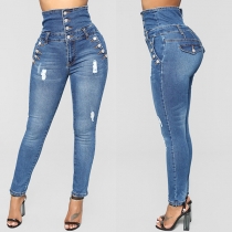 Street Fashion Old-washed Distressed Buttoned High-rise Skinny Jeans