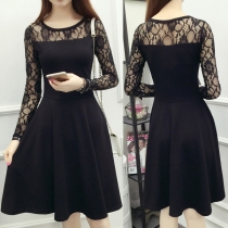 Fashion Lace Spliced Round Neck Long Sleeve A-line Dress