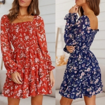 Fresh Style Floral Printed Square Neck Long Sleeve Mini Dress