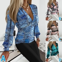 Sexy Printed V-neck Long Sleeve Shirt