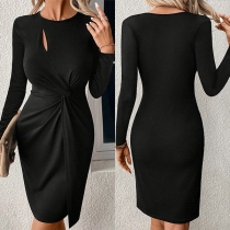 Sexy Front Cutout Round Neck Long Sleeve Ruched Slit Bodycon Dress