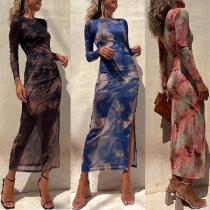 Sexy Tie-dye Round Neck Long Sleeve Slit Semi-through Maxi Dress