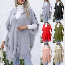 Street Fashion V-neck Buttoned Tassel Hooded Knitted Sweater Cloak