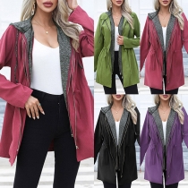 Fashion Cinch Waist Drawstring Hooded Contrast Color Double Zipper Windbreaker Jacket
