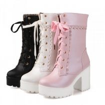 Sweet Style Floral Hollow Out Lace-up Platform Block Heeled Boots