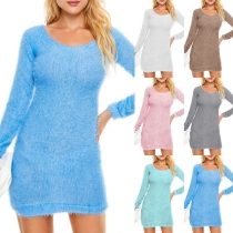 Fashion Solid Color Round Neck Long Sleeve Plush Bodycon Dress