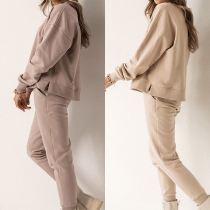Casual Solid Color Two-piece Set Consist of Round Neck Sweatshirt and Sweatpants