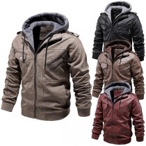 Fashion Long Sleeve Detachable Hooded Artificial Leather PU Jacket for Men