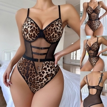 Sexy Cutout Leopard Printed Semi-through Gauze Spliced Lingerie Bodysuit