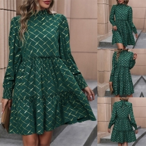 Casual Contrast Color Diamond Pattern Mock Neck Long Sleeve Tiered Dress