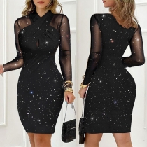 Sexy Semi-through Gauze Spliced Bling-bling Bodycon Dress