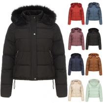 Fashion Solid Color Plush Quilted Artificial Fur Spliced Hooded Jacket