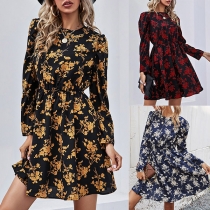 Fashion Floral Printed Round Neck Long Sleeve Cinch Waist Mini Dress