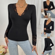Fashion Lace Spliced V-neck Long Sleeve Ribbed Shirt