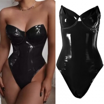 Sexy Strapless Artificial Leather Bodysuit