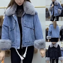 Street Fashion Plush Lined Artificial Fur Spliced Collar Patch Pockets Old-wash Short Denim Jacket