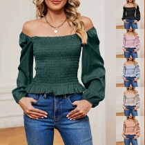 Fashion Solid Color Off-the-shoulder  Long Sleeve Smocked Shirt