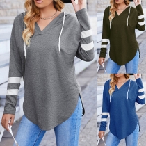Casual Contrast Color Striped Drawstring Hooded Slit Thin Shirt