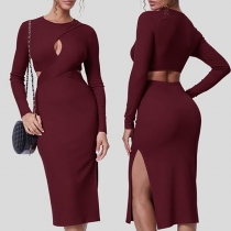 Sexy Cutout Round Neck Long Sleeve Slit Bodycon Dress