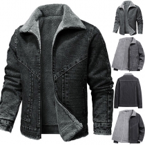 Fashion Stand Collar Long Sleeve Plush Lined Old-washed Denim Jacket for Men