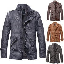 Street Fashion Old-washed Artificial Leather Plush Lined Jacket for Men with Belt