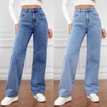 Fashion Old-washed Mid-rise Straight-cut Denim Jeans